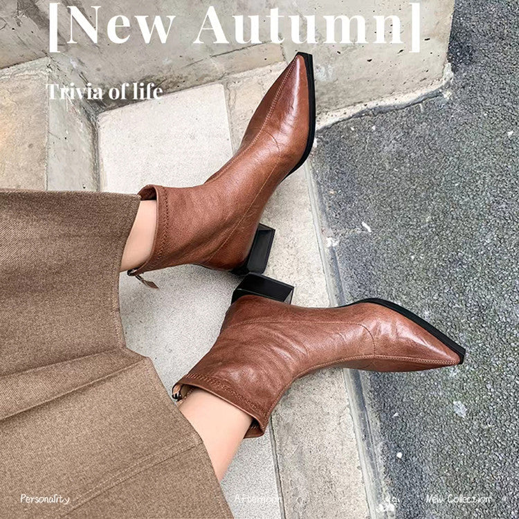 Karin Luna Elegant Style Pointed Toe Chunky Heel Short Boots