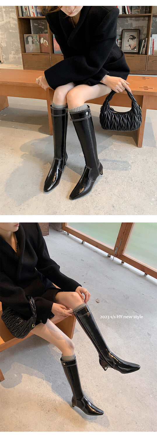 Karin Luna In Stock Spot Goods  Vintage Open Stitch Small Square Toe High Heel Side Zipper Riding Boots