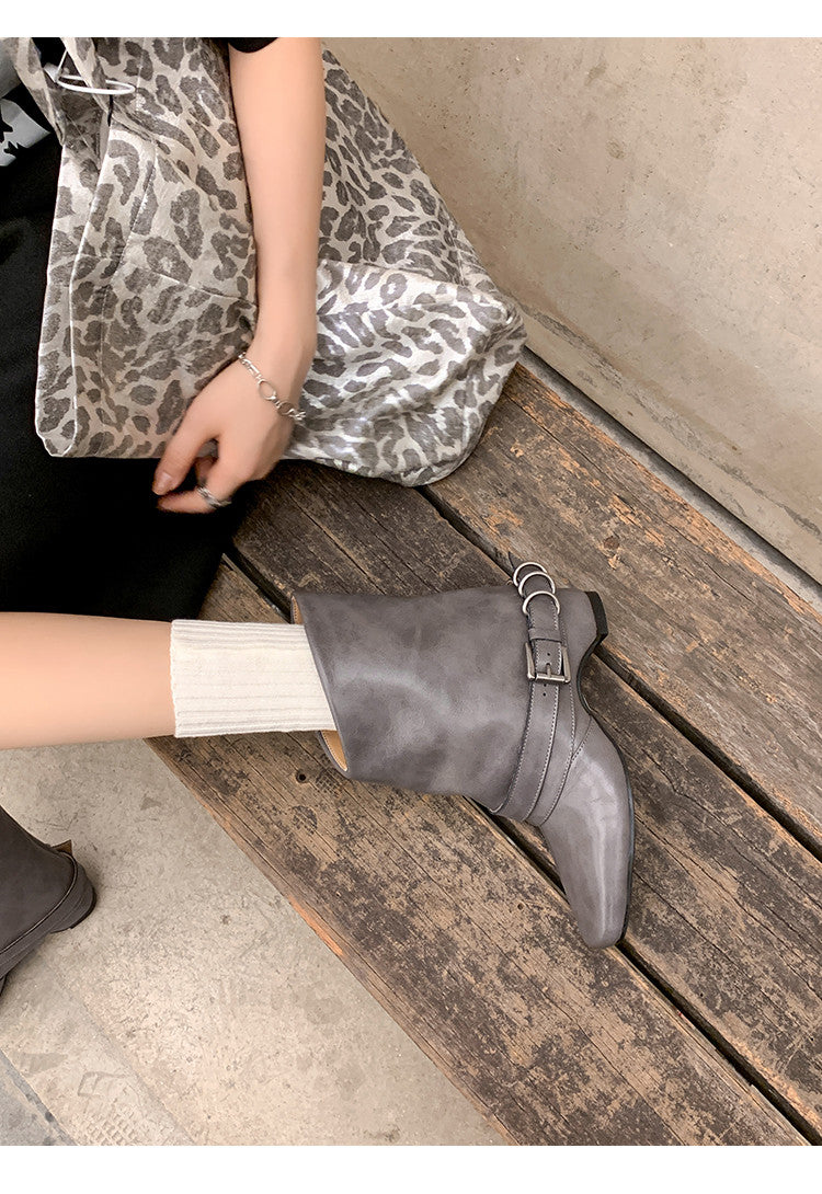 Karin Luna Data Hot Item Square Toe Hidden Wedge Belt Buckle Suede Ankle Boots