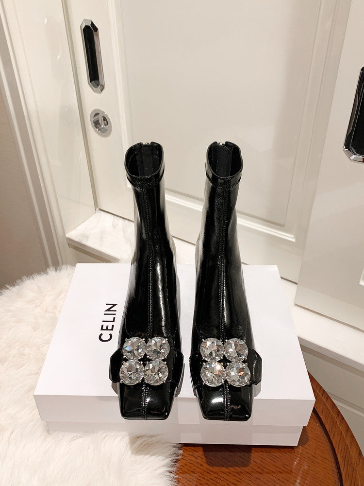 Karin Luna In Stock  Elegant Style Square Toe Rhinestone Chunky Heel Ankle Boots