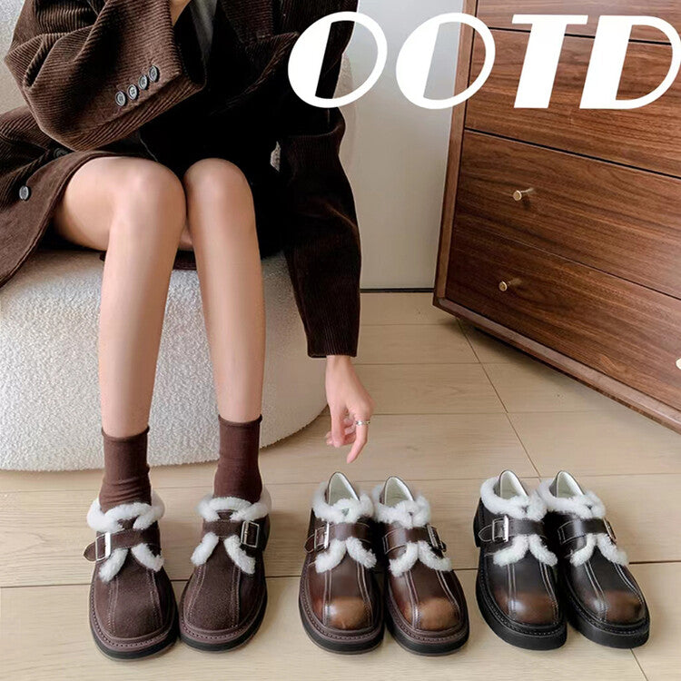 Karin Luna Live Streaming Hot Item  In stock Leather Casual Fleece Lined Version Fluffy Little Leather Shoes Version Vintage Belt Buckle