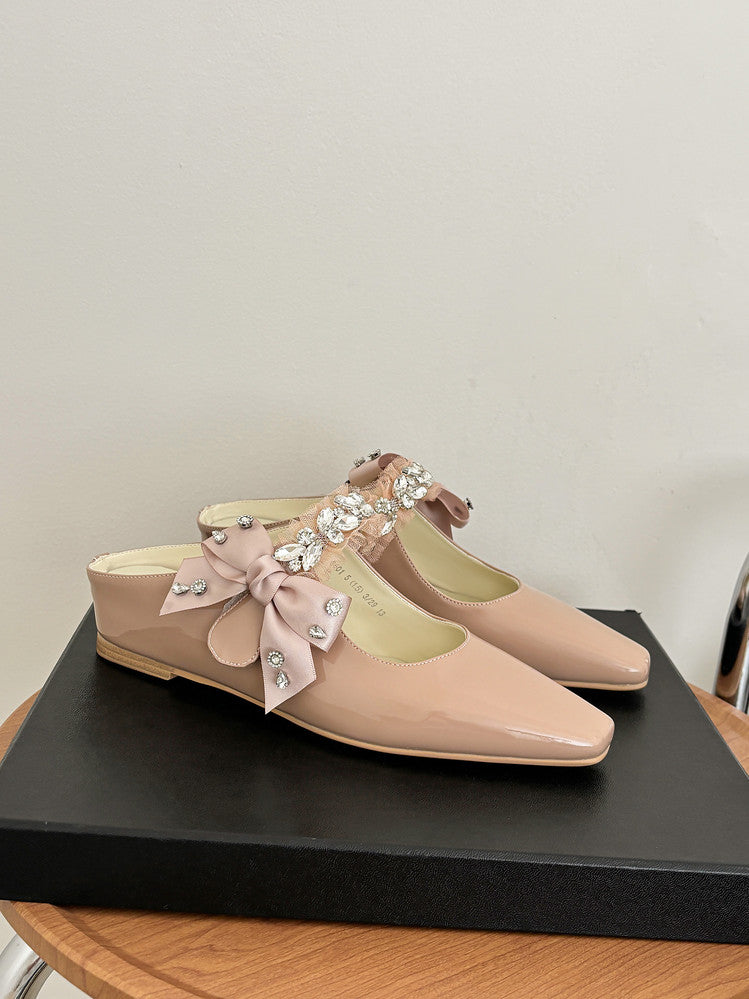 Karin Luna Handmade One-Strap Rhinestone Ribbon Square-Toe Mules