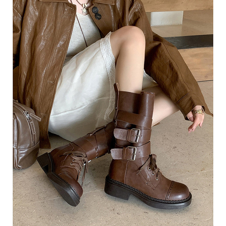 Karin Luna Bestseller Hot-Selling Large Tube Leather Belt Buckle Round Toe Thick-Soled Short Boots