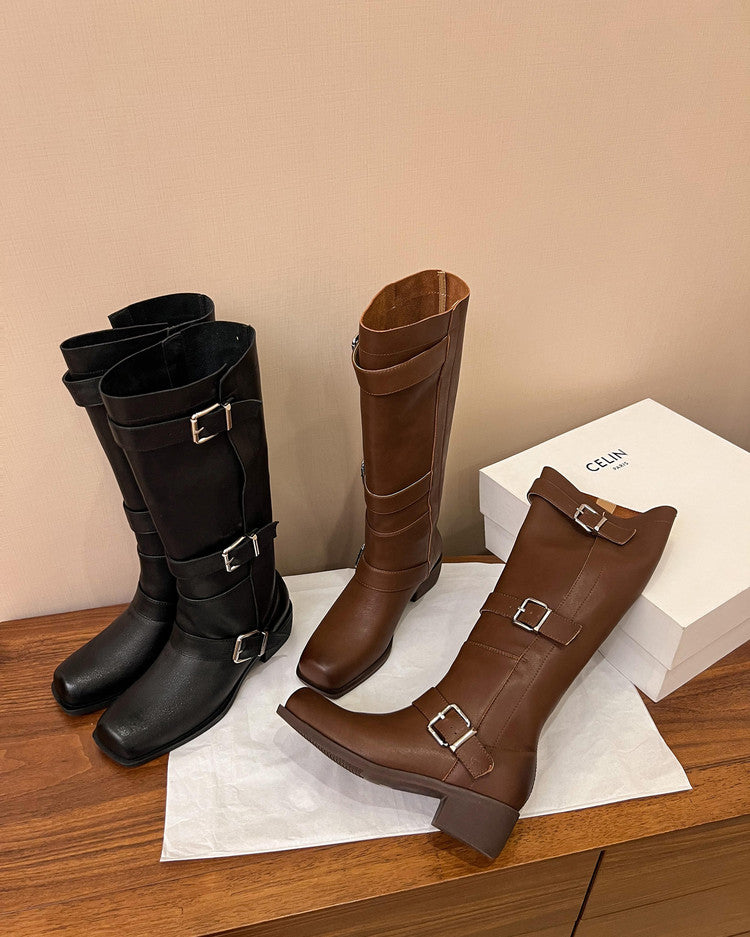 Karin Luna In Stock In Stock European and American Style Square Toe Thick Sole Belt Buckle Long Boots