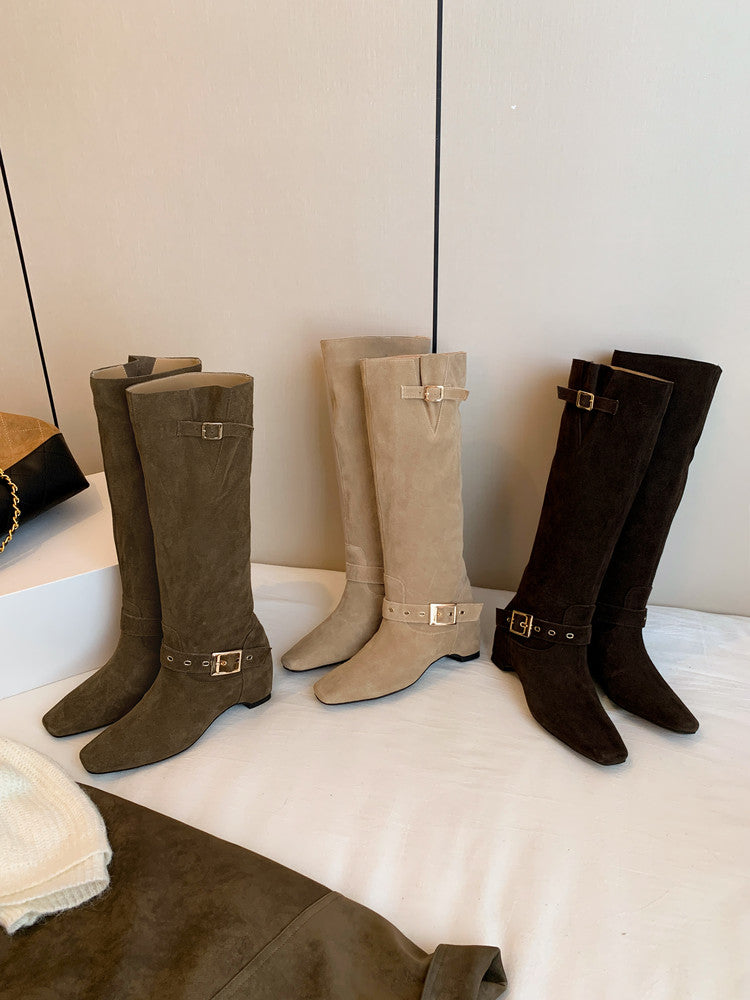Karin Luna Data Model Belt Buckle Matte Square Toe Hidden Wedge Slouch Western Boots