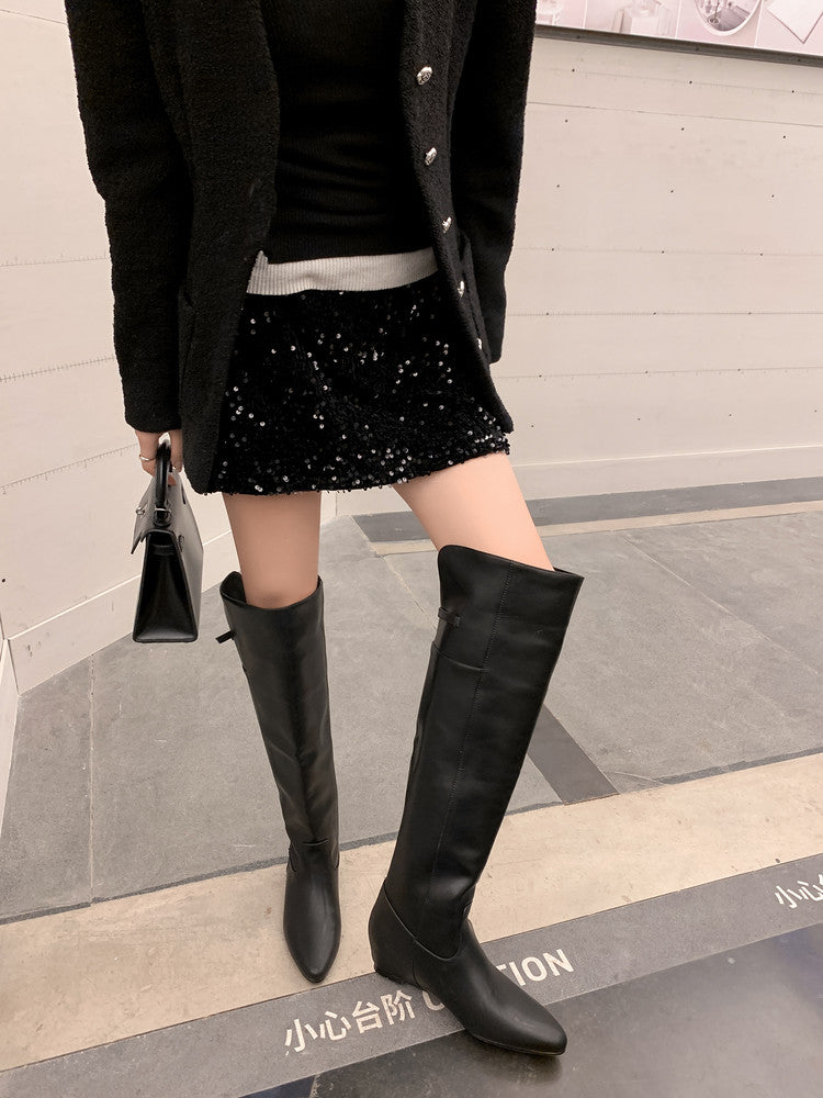 Karin Luna In Stock Spot Goods Vintage Cowhide Leather Two-Way Wear Pointed Toe Height-Increasing Long Boots