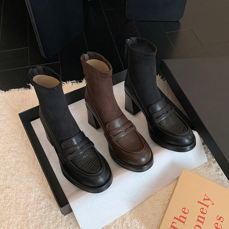 Karin Luna Hot-Selling Element Round Toe Elephant Pattern Elastic Thick Heel Short Boots