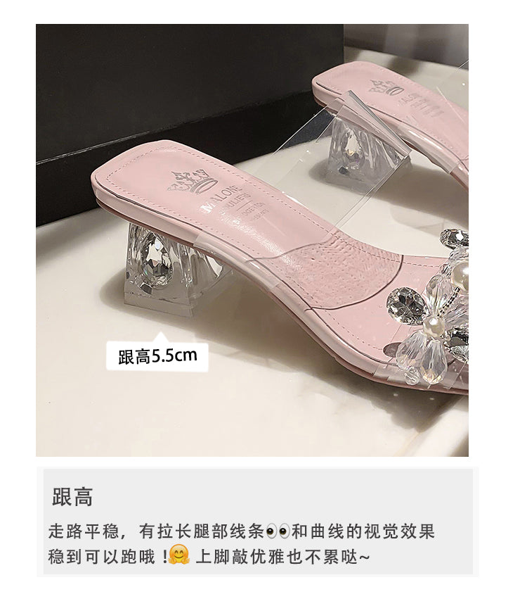 Karin Luna In Stock Spot Goods  Always in stock Square Toe Sweet Rhinestone Crystal Heel Slippers