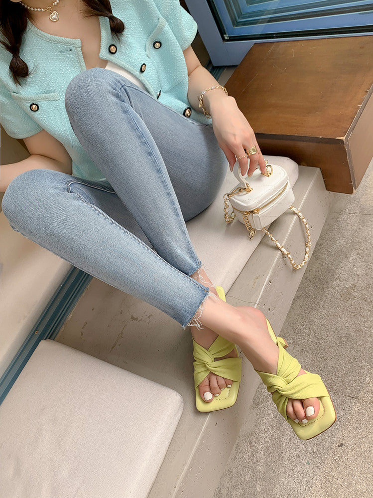 Karin Luna In Stock In Stock  Comfortable Cross Strap  Airy High Heel Square Toe Slippers