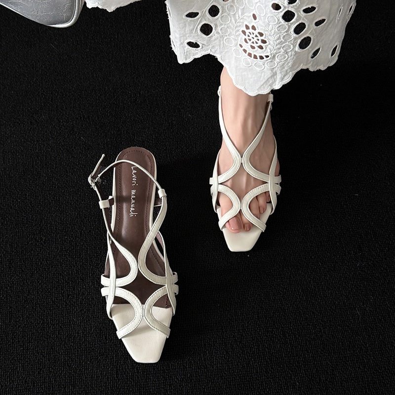 Karin Luna French Hollow Style Small Square Toe Chunky Heel Sandals