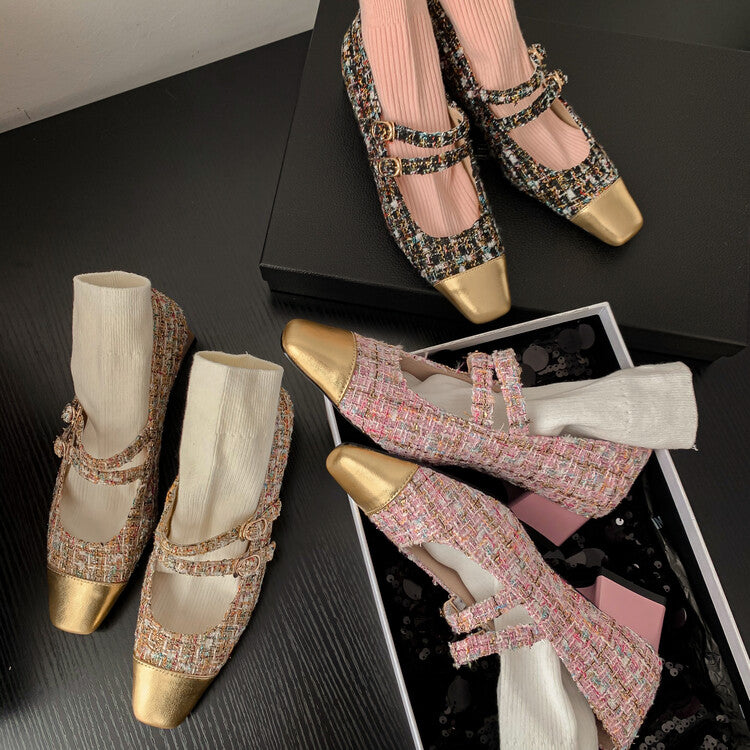 Karin Luna Classic Chanel Style~ Tweed Spring Limit Square Toe Chunky Heel Mary Jane Strap Single Shoes