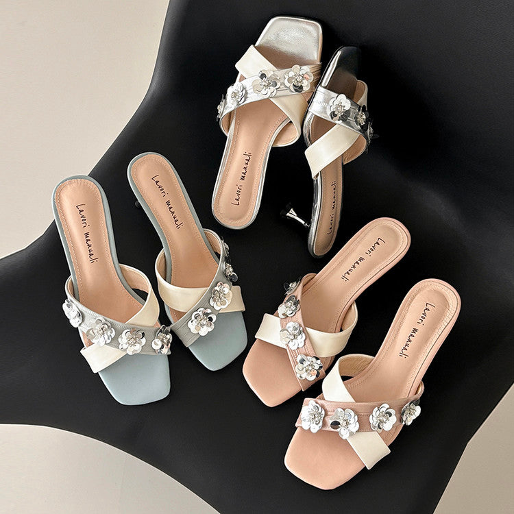 Karin Luna In Stock Spot Goods  Sequin Floral Cross Strap Square Toe Stiletto Slippers