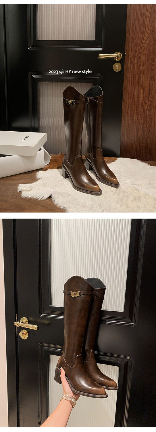 Karin Luna Hot-Selling Fasteners Sold as soon as listed Comes with data plan included Pointed Toe Chunky Heel Classic Full Cowhide Leather Riding Boots