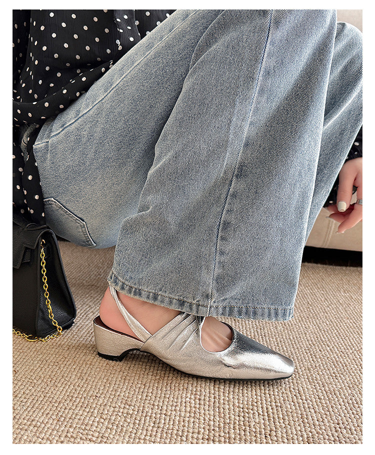 Karin Luna In Stock  Spot Goods Small Square Toe Wrinkled Chunky Heel Closed-Toe Sandals