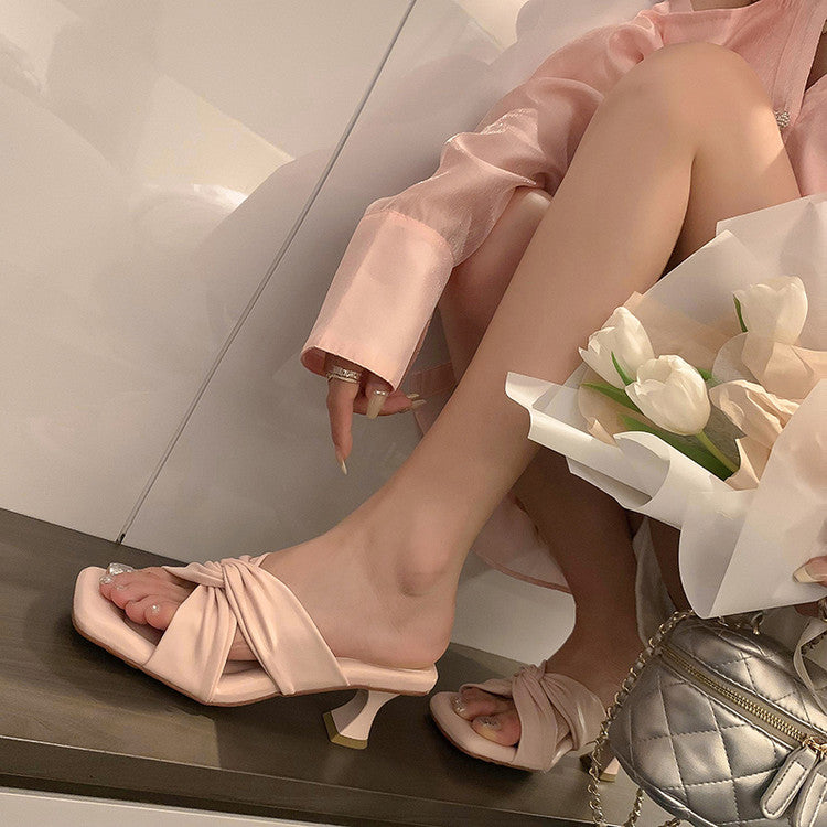 Karin Luna In Stock Spot Goods   Absolutely amazing4Color Cross Strap Thick Heel Square Toe Soft Slippers