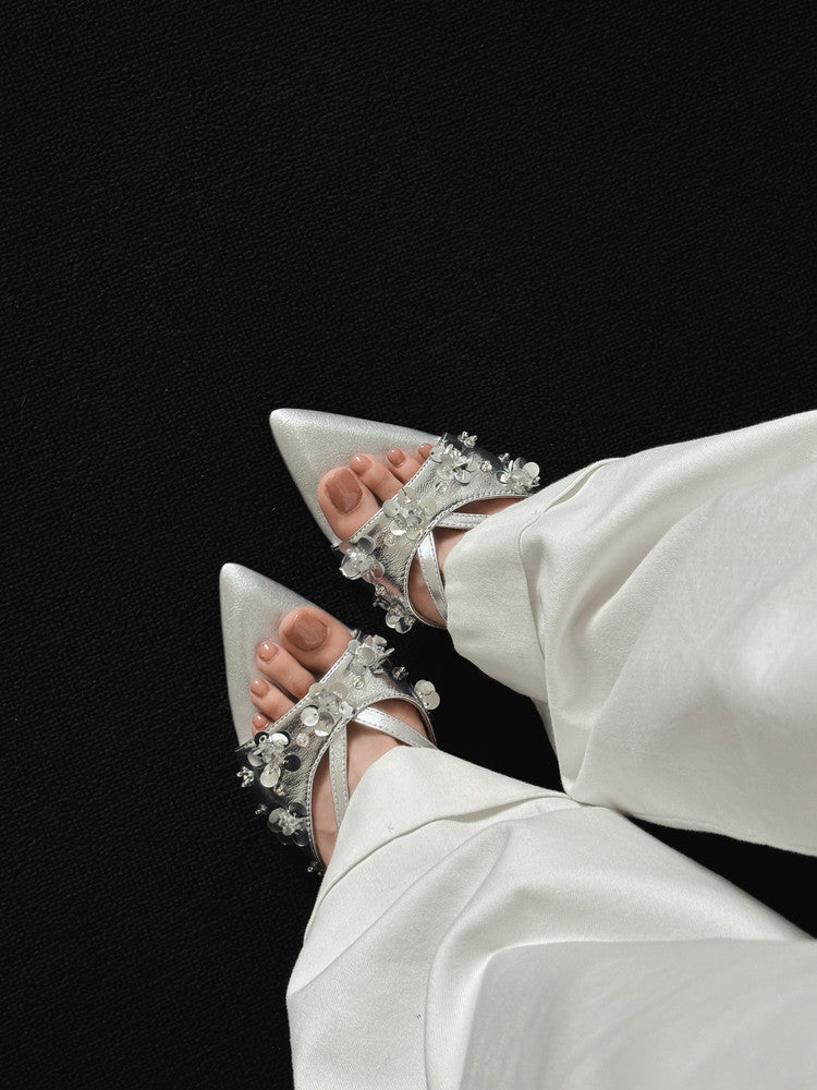 Karin Luna Bestseller Sequin Elements Elegant Pointed Toe Irregular Heel Slippers