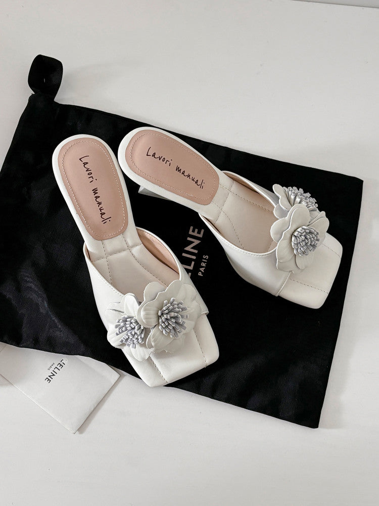 Karin Luna In Stock Spot Goods Camellia Classic style retro square toe shaped heel slippers