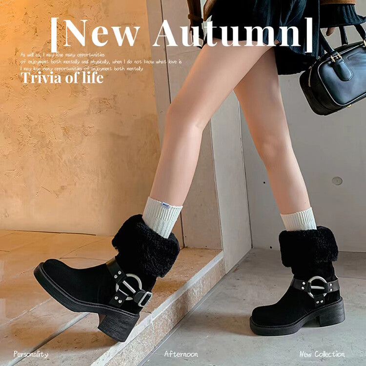 Karin Luna Genuine Lamb Wool and Cowhide Leather Hot-selling Metal Buckle Round Toe Chunky Heel Main Push Main Push