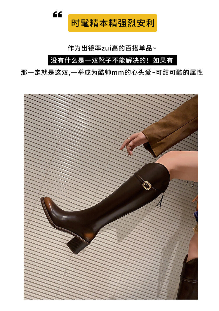Karin Luna Bestseller  Popular Understood everything  Basic Elegant Outfit Pointed Toe Chunky Heel Full Cowhide I Am A Knight Boots
