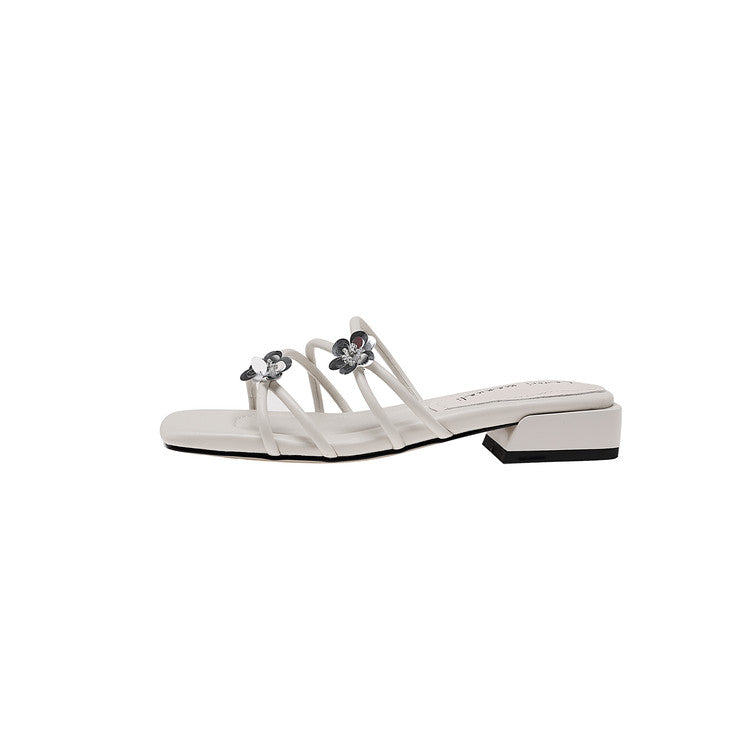 Karin Luna In Stock    Spot Goods    Square Toe One-Strap Sequin Flower Flat Slippers