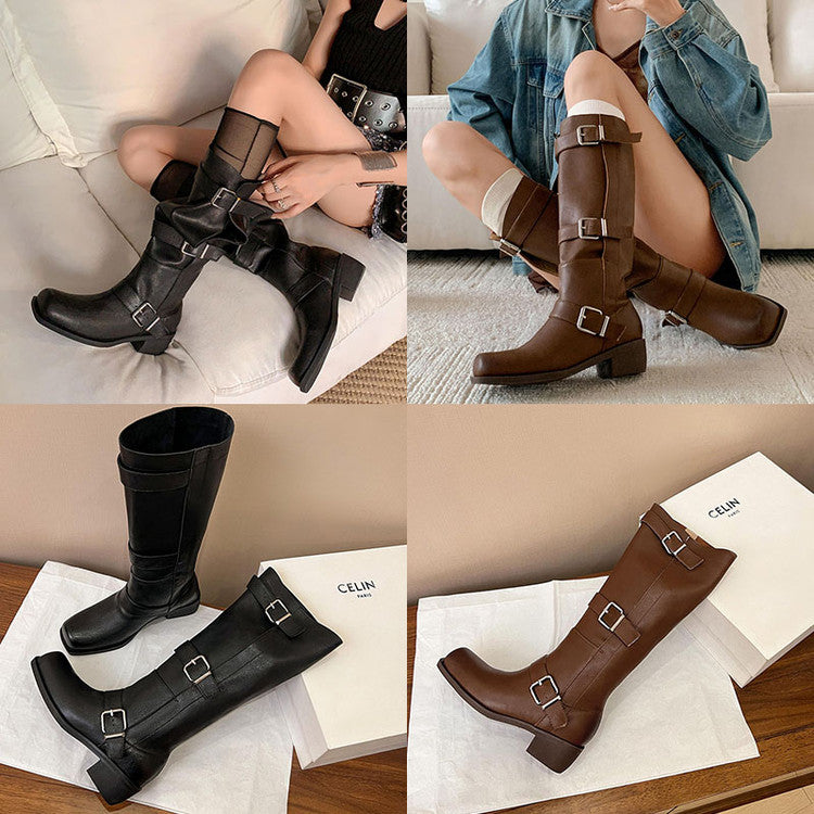Karin Luna In Stock In Stock European and American Style Square Toe Thick Sole Belt Buckle Long Boots