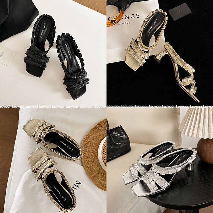 Karin Luna In Stock  Spot Goods  Unique Square-Toe Pleated Lace Sandals