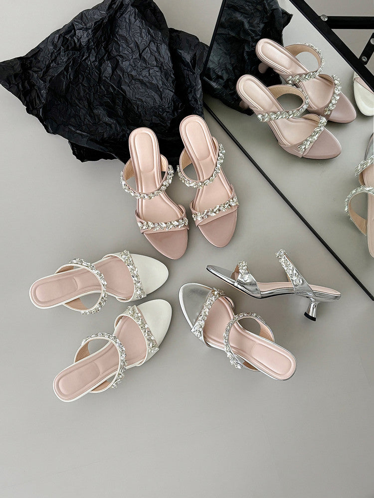 Karin Luna Exquisite Round Toe One-Strap Rhinestone Thin Heel Slippers
