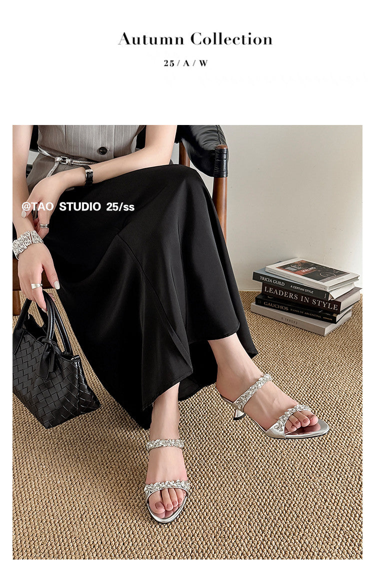 Karin Luna Exquisite Round Toe One-Strap Rhinestone Thin Heel Slippers