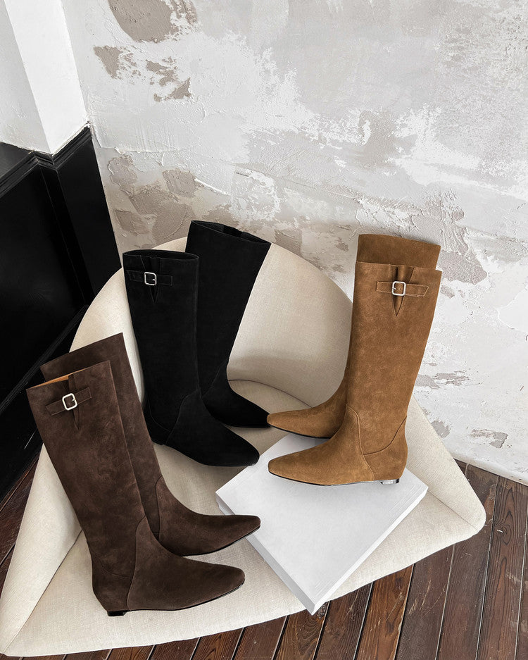 Karin Luna In Stock Spot Goods Vintage Cowhide Leather Chunky Heel Height Increasing Long Boots