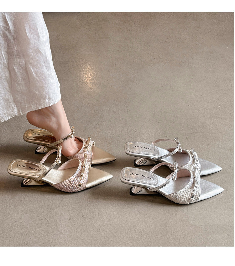Karin Luna Fish Skin Series~Pointed Toe Irregular Heel Bowknot Strap Slippers