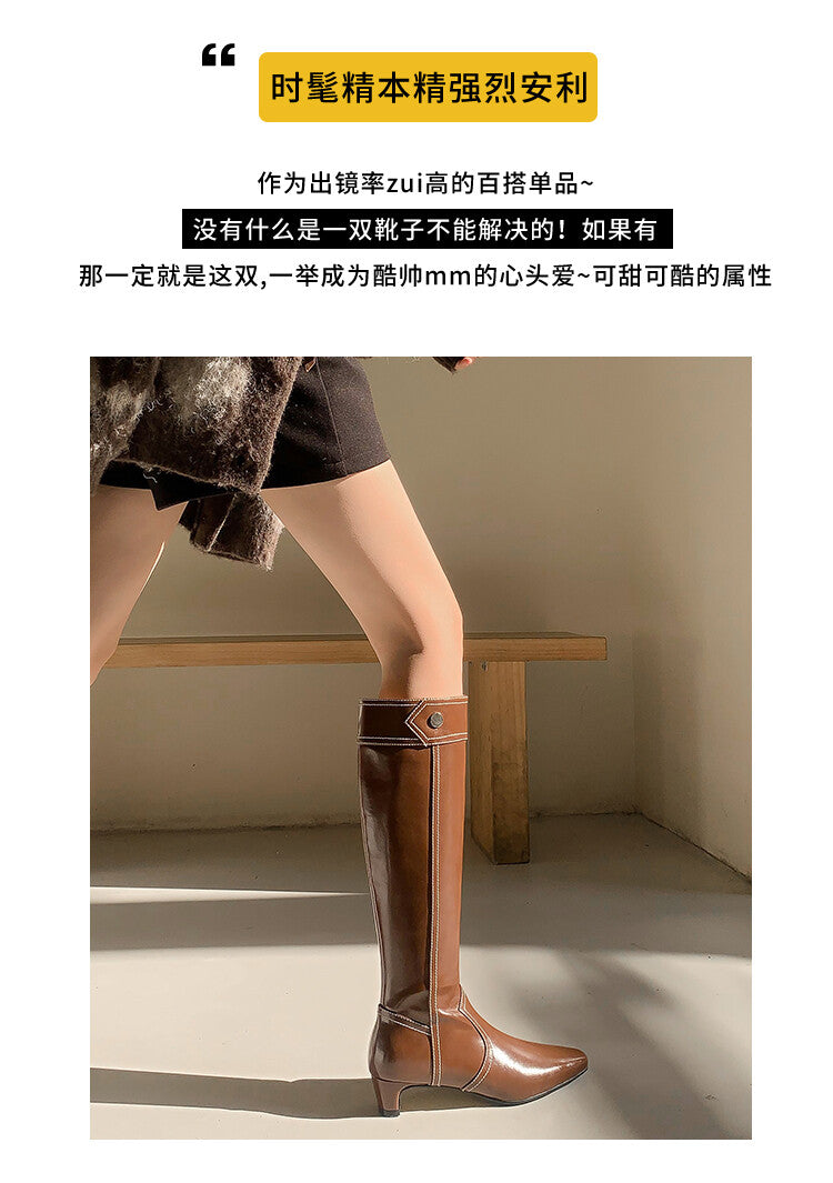 Karin Luna In Stock Spot Goods  Vintage Open Stitch Small Square Toe High Heel Side Zipper Riding Boots