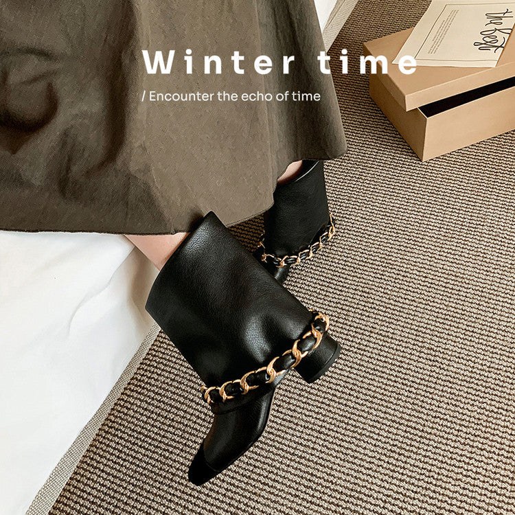 Karin Luna Classic Style Xiangjia Style Chunky Heel Chain Ankle Boots