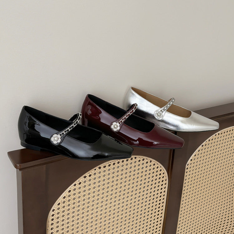 Karin Luna In Stock In Stock ~Metal One-Strap Pearl Small Square Toe Height-Increasing Flats