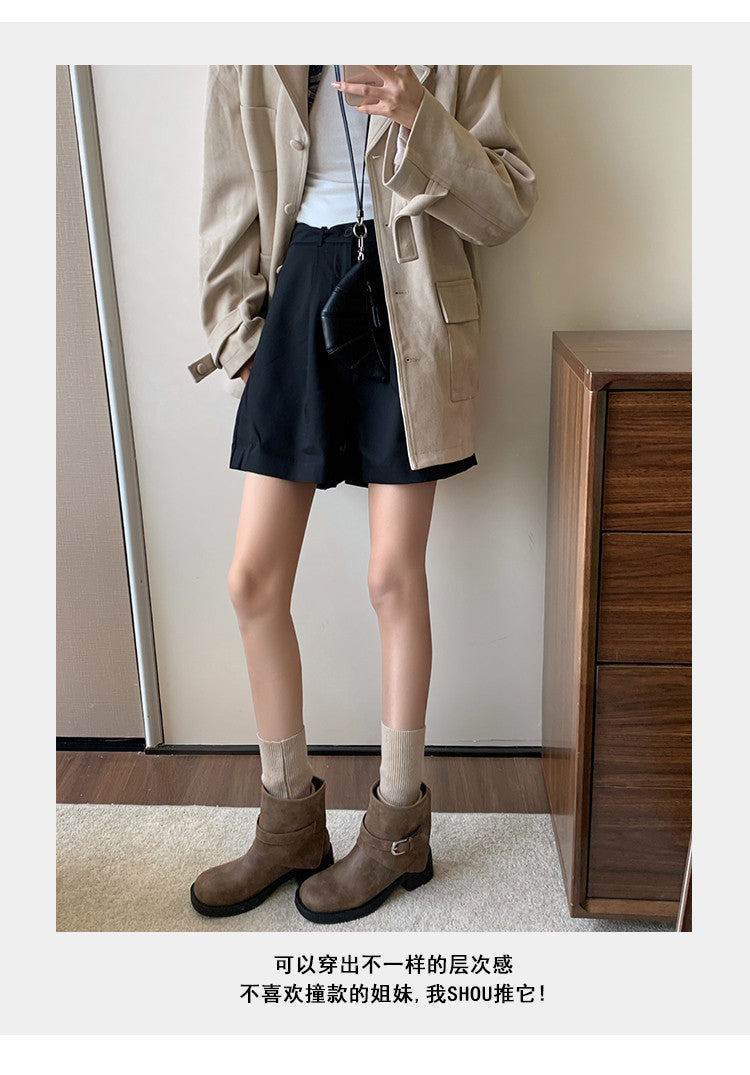 Karin Luna In Stock Spot Goods Versatile Basic Round Toe Belt Buckle Thick Sole Tube Boots