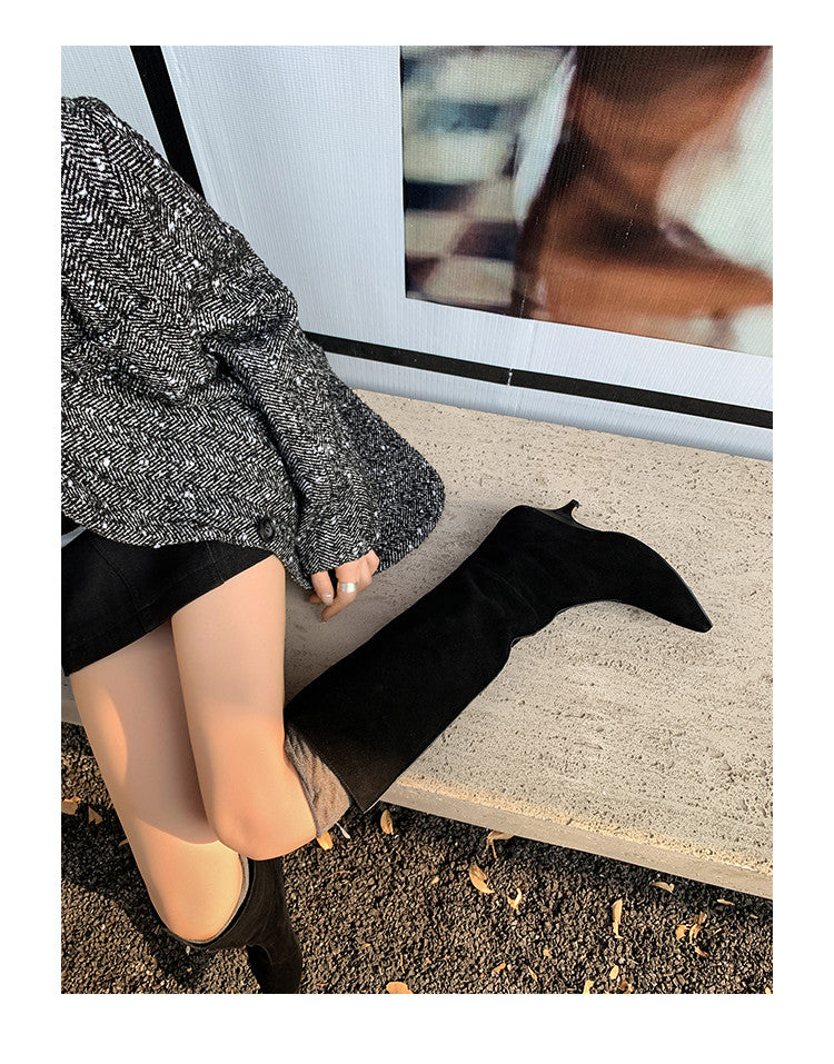 Karin Luna In Stock Spot Goods Retro Cowhide Pointed Toe Stiletto Elegant Long Boots