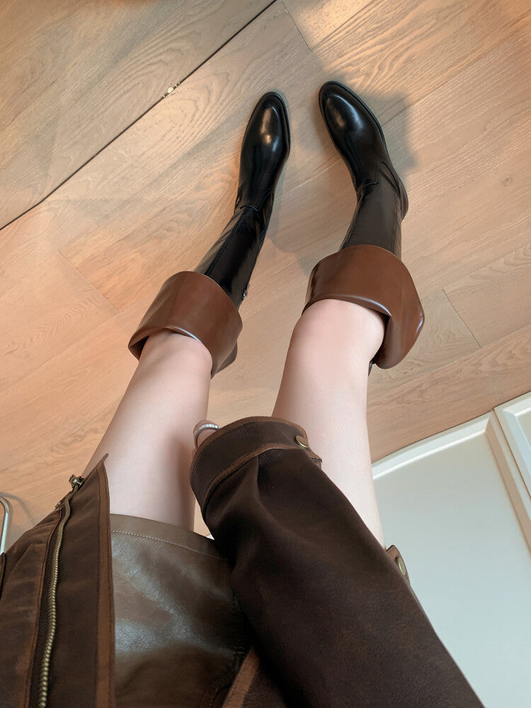 Karin Luna exploded  Three versions exploded Single Fleece Lining Fur Collar Version  Thick Fur Collar Foldable Hot-Selling Full Cowhide Pointed Toe Chunky Heel Classic Style