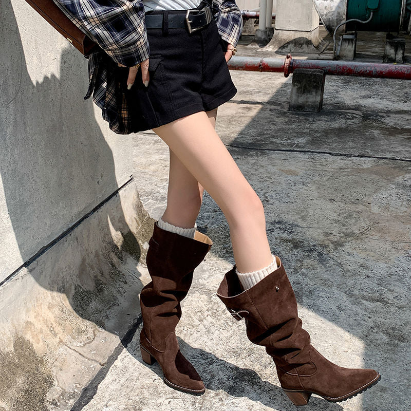 Karin Luna In Stock Spot Goods Retro Cowhide Leather Chunky Heel Suede Long Boots