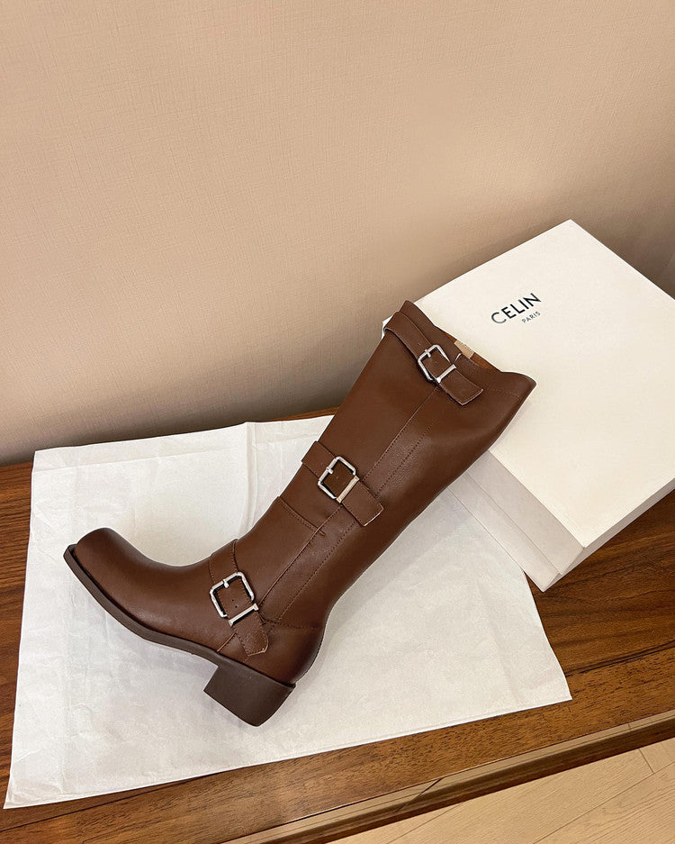 Karin Luna In Stock In Stock European and American Style Square Toe Thick Sole Belt Buckle Long Boots