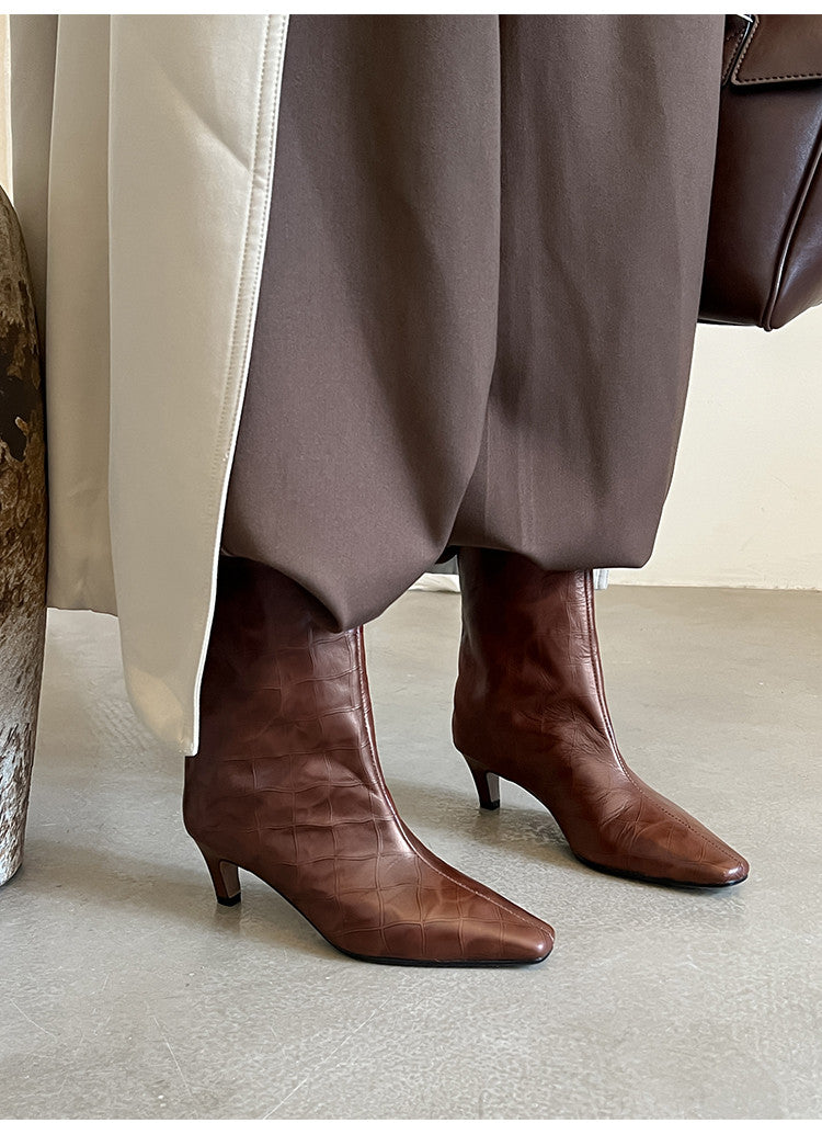 Karin Luna In Stock Spot Goods Top Layer Stone Pattern Cowhide Textured Small Square Toe Straight Short Boots