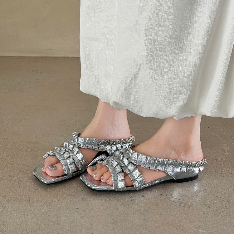 Karin Luna In Stock   Spot Goods  Niche Design Square-Toed Pleated Flat Slippers