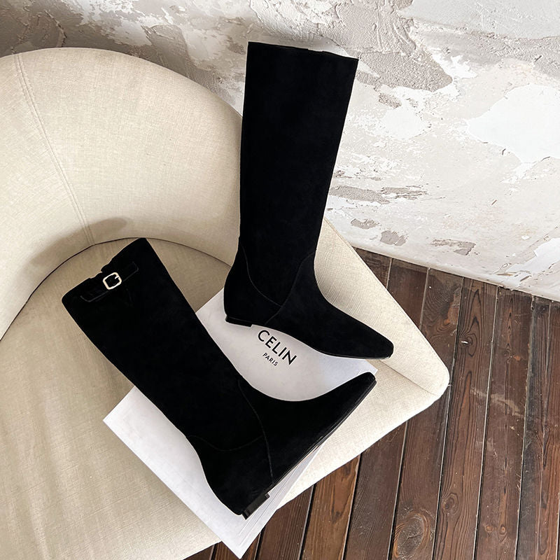 Karin Luna In Stock Spot Goods Vintage Cowhide Leather Chunky Heel Height Increasing Long Boots