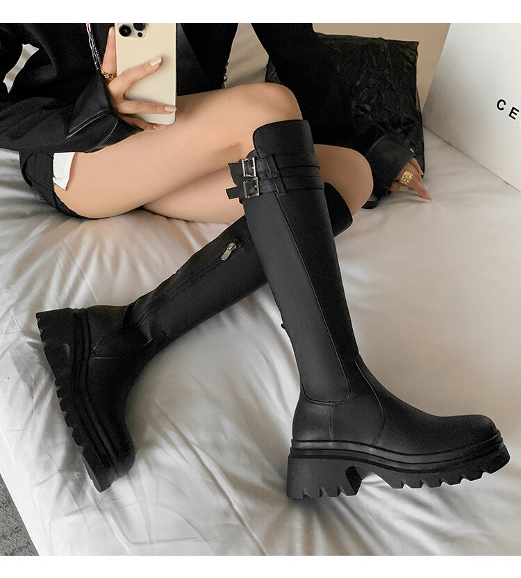 Karin Luna In Stock Best-selling in stock   Super Soft Sheepskin  Round Toe Thick Sole Vintage Belt Buckle Long Boots