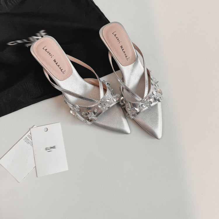 Karin Luna Bestseller Sequin Elements Elegant Pointed Toe Irregular Heel Slippers