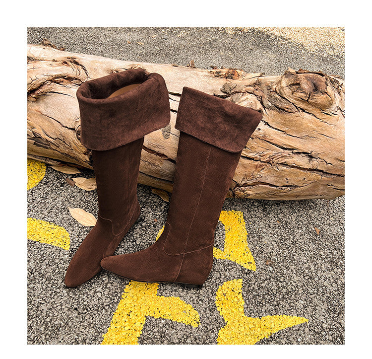 Karin Luna In Stock Spot Goods Vintage Cowhide Leather Two-Way Wear Pointed Toe Height-Increasing Long Boots