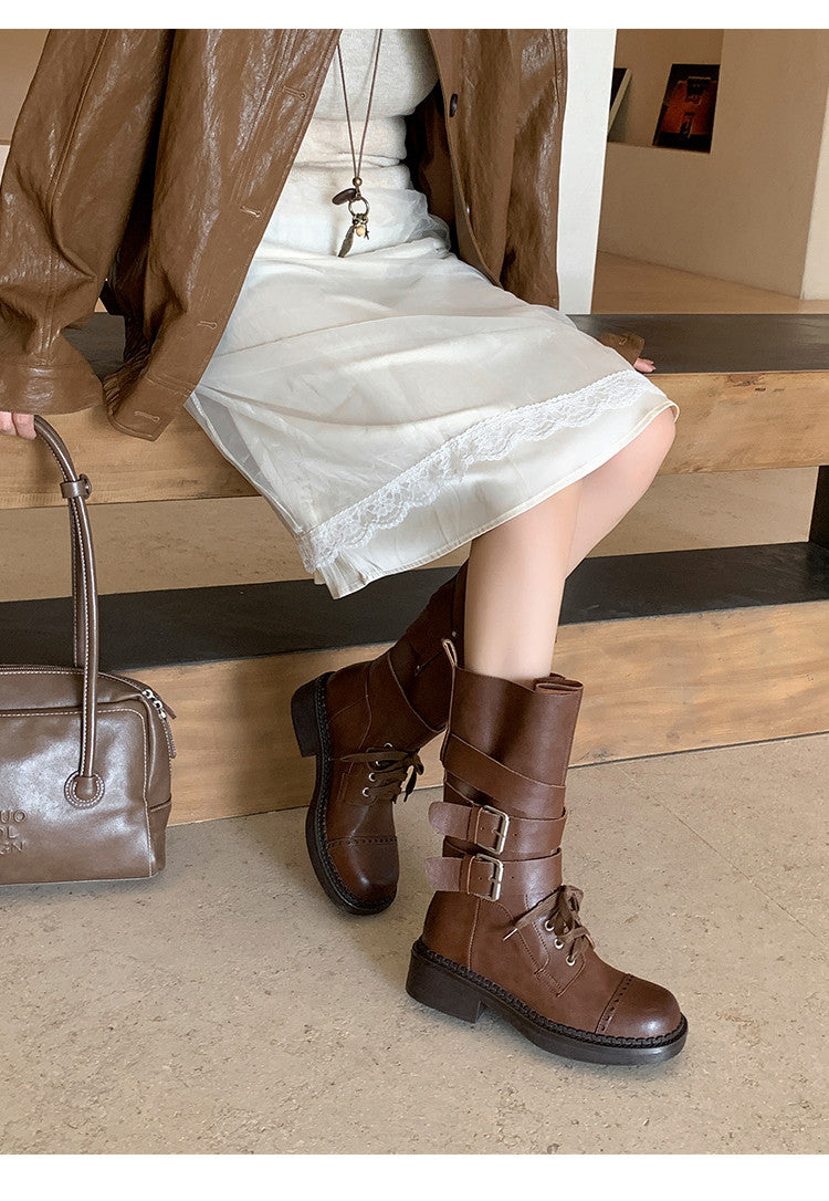 Karin Luna Bestseller Hot-Selling Large Tube Leather Belt Buckle Round Toe Thick-Soled Short Boots