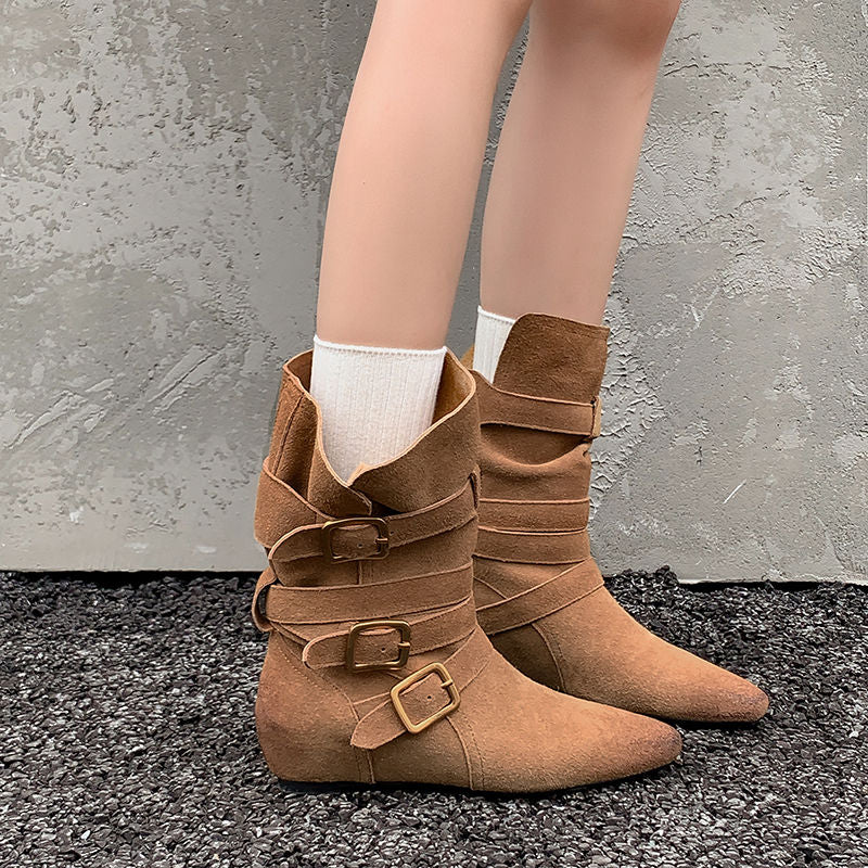 Karin Luna Height-Increasing Suede Leather Small Square Toe Belt Buckle Fashion Boots