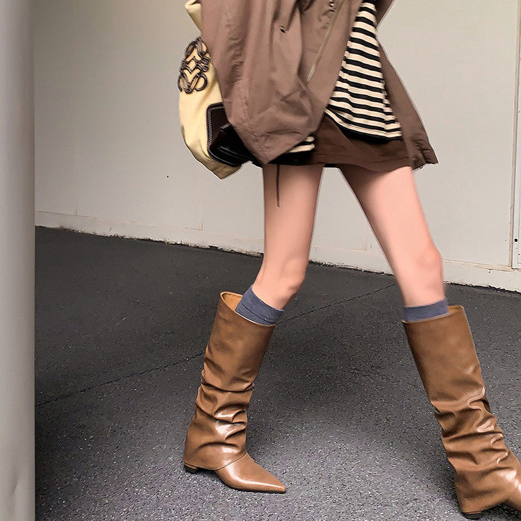 Karin Luna Elegant Style Pointed Toe Hidden Wedge Long Boots