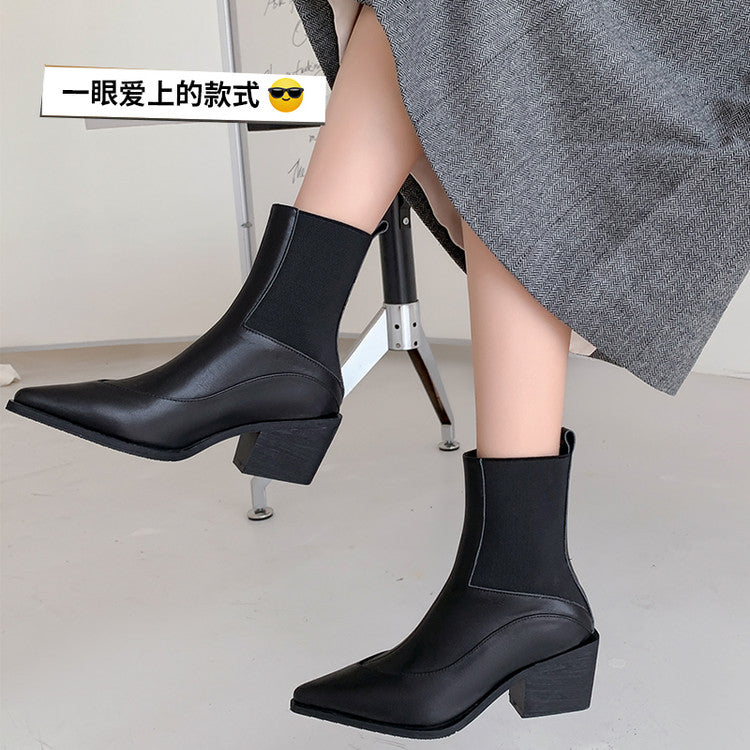 Karin Luna In Stock Spot Goods   Elegant Pointed Toe Chunky Heel Ankle Boots