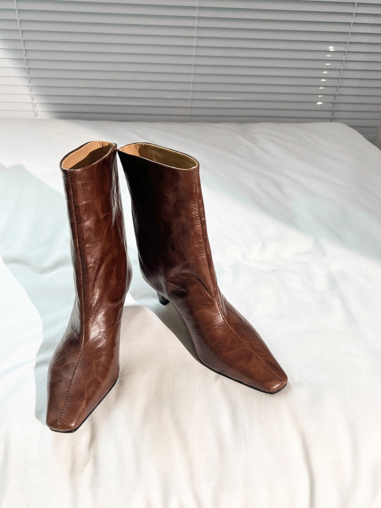 Karin Luna In Stock Spot Goods Top Layer Stone Pattern Cowhide Textured Small Square Toe Straight Short Boots