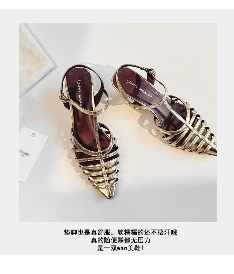 Karin Luna French Hollow Toe Metal Heel Elegant Sandals